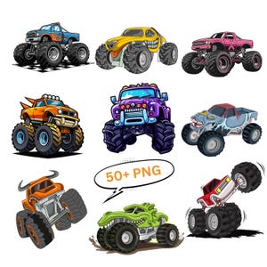 Puede incluir: Una colección de nueve ilustraciones de monster trucks de dibujos animados en varios colores. Los camiones tienen neumáticos de gran tamaño y diseños únicos, incluyendo un camión amarillo con una sonrisa y un camión rosa con una cinta.