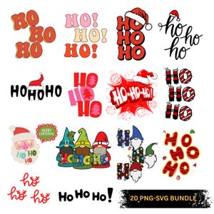 Peut inclure: Une collection de graphiques sur le thème de Noël avec l'expression "Ho Ho Ho" dans différentes polices et styles. Comprend des chapeaux de Père Noël, des gnomes et des motifs festifs. L'image comprend également le texte "20 PNG-SVG BUNDLE".