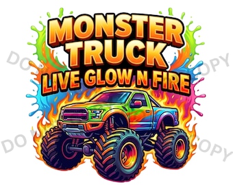 Monster Truck Live Glow N Fire PNG, färgglad Monster Truck-tröjadesign, splatter Clipart, digital nedladdning av barntruckfest Clipart