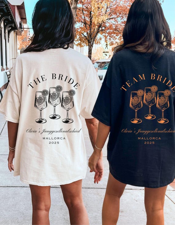 JGA T-Shirt The Bride & Team Bride – personalisiert mit Name Ort Jahr – Junggesellinnenabschied Braut Crew Party Shirt