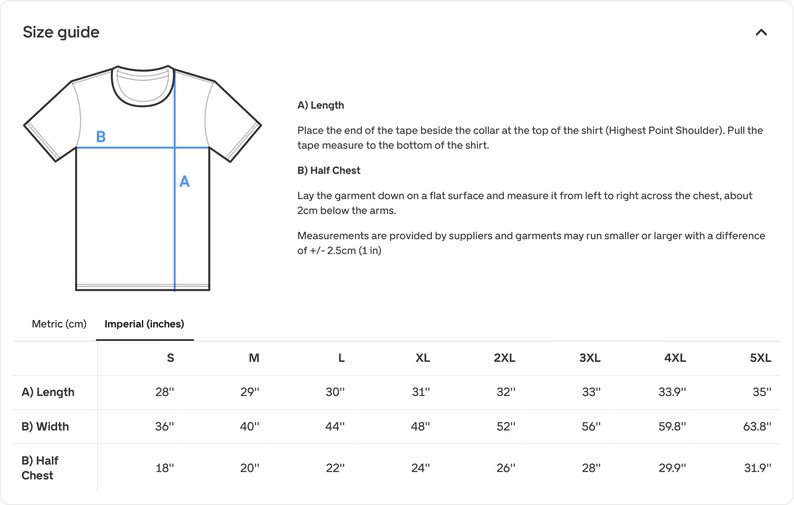 May include: Size guide for a t-shirt with measurements in inches for length, width, and half chest. Sizes range from S to 5XL.
