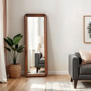 Asymmetrical Floor Mid Century Modern Mirror - Wooden Frame Full Length Mirror for Bedroom - Tall Mirror Home Decor -Wood Full Length Mirror