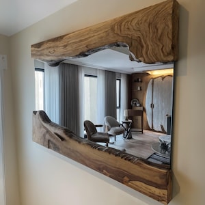 Handmade Mirror with Live Edge Wood Detail - Olive Wood Farmhouse Mirror - Real Wood Rustic Wall Hanging Wavy Mirror -Rustic Wall Art Mirror
