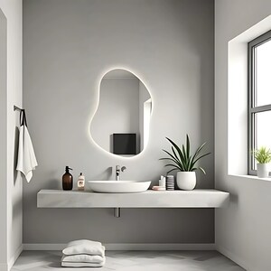 Modern Backlit Wall Mirror for Bathroom - Asymmetrical Large Modern Hanging Led Mirror - Irregular LED Backlit Bathroom Mirror Vanity Mirror