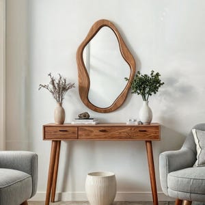 Asymmetrical Wooden Frame Mirror - Mid Century Modern Mirror - Walnut Wood Mirror - Irregular Wood Framed Modern Mirror - Vanity Wavy Mirror