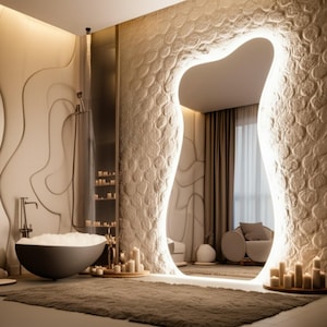 Full Length Mirror With Led Lighted - Irregular Full Body Mirror - Squiggle Full Length Led Mirror - Wavy Full Length Floor Backlit  Mirror