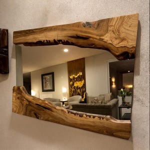 Handmade Mirror with Live Edge Wood Detail - Olive Wood Farmhouse Mirror - Real Wood Rustic Wall Hanging Wavy Mirror -Rustic Wall Art Mirror