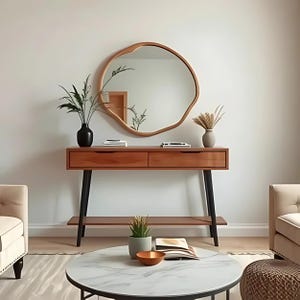 Irregular Round Wooden Modern  Mirror - Wavy Walnut Wall Mirror - Unique Bathroom Wood Mirror - Natural Design for Living Room or Entryway
