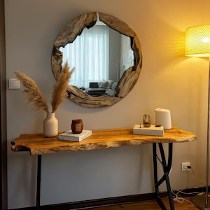 Handmade Round Mirror with Live Edge Wood Detail - Olive Wood Farmhouse Mirror - Real Wood Wall Hanging Wavy Mirror - Rustic Wall Art Mirror
