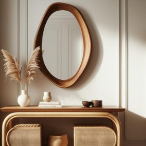 Asymmetrical Wooden Wall Mirror - Irregular Walnut Wood Decorative Mirror - Walnut Wood Handmade Mirror -Mid-century Farmhouse Wooden Mirror