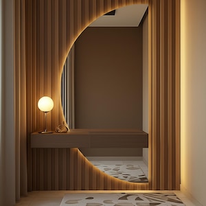 Miroir de courtoisie avec lumières LED - Miroir moderne lumineux pour salle de bain - Miroir mural demi-lune rétro-éclairé LED - Miroir mural demi-cercle pour salle de bain