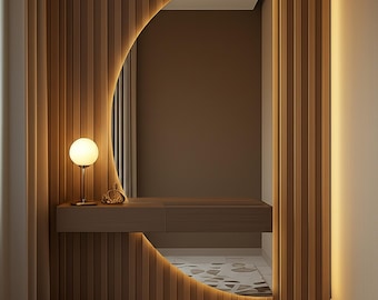 Vanity Mirror with Led Lights -  Bathroom Light  Modern Mirror - Half Moon Backlit Wall LED Mirror - Semi Circle Decor Wall Bathroom Mirror