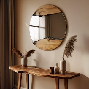 Live Edge Wood Wall Round Mirror - Olive Wood Round Mirror - Handmade Mirror with Live Edge Wood Detail - Real Wood Rustic Hanging Mirror