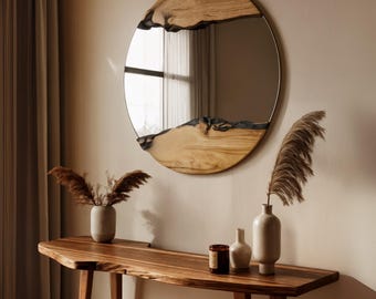 Live Edge Wood Wall Round Mirror - Olive Wood Round Mirror - Handmade Mirror with Live Edge Wood Detail - Real Wood Rustic Hanging Mirror