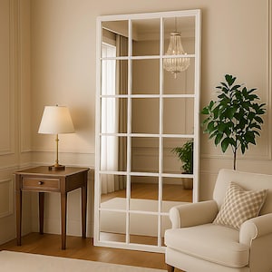 Window Pane Mirror - Full Length Window Mirror - Full Body Oversize Mirror - Wooden Frame Big Farmhouse Mirror - Stylish Home Decoration