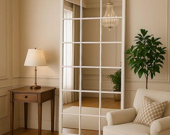 Window Pane Mirror - Full Length Window Mirror - Full Body Oversize Mirror - Wooden Frame Big Farmhouse Mirror - Stylish Home Decoration