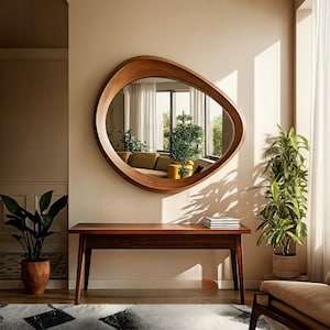 Walnut Asymmetrical Mirror - Irregular Mirror - Real Wood Frame Mirror - Handcrafted Curved Wooden Frame Wall Mirror - Mid Century Mirror