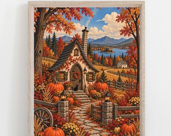 Autumn Cottage Landscape Print, Vintage Folk Art, Pumpkin Decor (Digital Download)