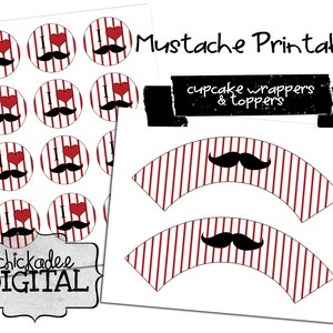 Red and White Stripe Mustache Printable Set, Cupcake Wrappers and Cupcake Toppers, Mustache Birthday Party, Moustache Party Printables