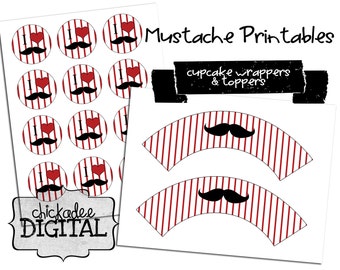 Red and White Stripe Mustache Printable Set, Cupcake Wrappers and Cupcake Toppers, Mustache Birthday Party, Moustache Party Printables