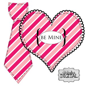 Printable Valentine's Day Hot Pink and White Stripes Be Mine DIY Iron On Heart and Tie Decal as a Printable file image 1