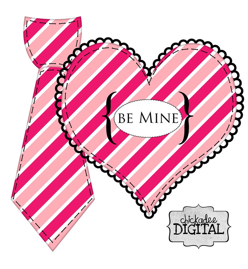 Printable Valentine's Day Hot Pink and White Stripes Be Mine DIY Iron On Heart and Tie Decal as a Printable file image 1