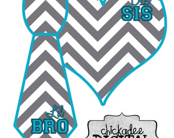 Instant Download-Printable Decal Big Sis and Lil Bro Gray and Blue Chevron DIY Iron On Heart and Tie Decal as a Printable file