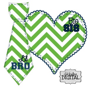 Sports Team Colors Big Sis and Lil Bro Green and Navy Blue Chevron DIY Iron On Heart and Tie Decal for football team shirt image 1