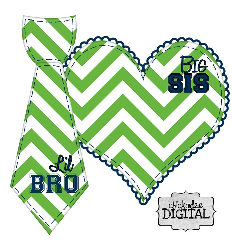 Sports Team Colors Big Sis and Lil Bro Green and Navy Blue Chevron DIY Iron On Heart and Tie Decal for football team shirt image 1