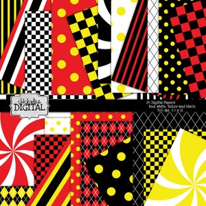Red Yellow Black White Digital Papers, Mouse digital backgrounds, polka dot papers, checkerboard stripe digital papers
