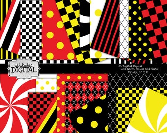 Red Yellow Black White Digital Papers, Mouse digital backgrounds, polka dot papers, checkerboard stripe digital papers