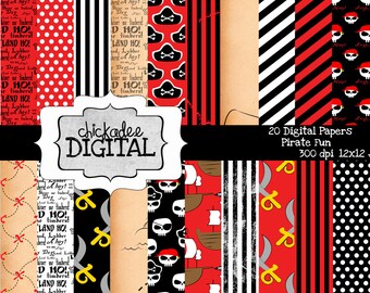 Instant Download-Pirate Fun Digital Papers and backgrounds in red, black, and white digital paper pack