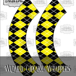 Instant Download Printable Cupcake Wrappers--Wizard Party Yellow and Black Argyle, Witch and Wizard Birthday Cupcake Wrappers, Wizard Decor