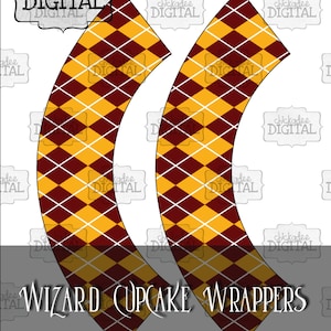 Instant Download Wizard Colors Birthday Party Cupcake Wrappers--Red and Gold Argyle--Printable