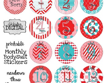 Instant Download Printable Monthly Bodysuit Stickers for Babies, Baby Monthly Sticker Red, Blue, Aqua, and Pink, Monthly Stickers for infant