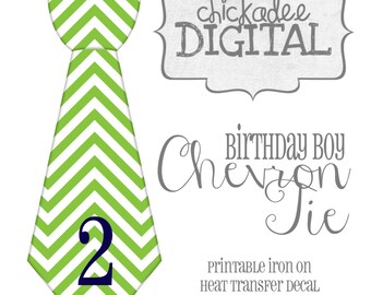 Instant Download-1 Birthday Tie Green and Navy Chevron Printable DIY Iron On Tie Decal, baby, boys, Iron on tie for bodysuits t shirts