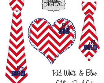 Set of 3 PRINTABLE Siblings Decals, Big Sis, Big Bro, Lil Bro Patriotic Red, White, and Blue Chevron DIY Iron On Heart and Tie Decals