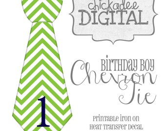 1 Birthday Tie Green and Navy Chevron Printable DIY Iron On Tie Decal, baby, boys, Iron on tie for bodysuits and tshirts