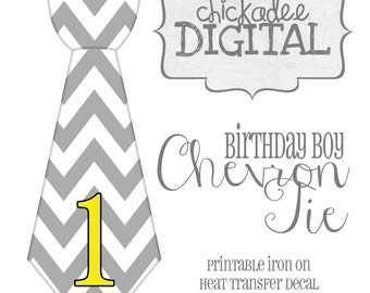 1st Birthday Tie Gray and Yellow Chevron Tie Printable DIY Iron On Tie Decal, baby boy first birthday, boys, Iron on tie for shirts