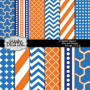 Blue Orange and White Digital Paper Pack, Lattice Digital Papers, Blue and Orange Digital Backgrounds, Printable Papers, Stripes, Chevron