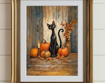 Black Cat Halloween Wall Art, Vintage Pumpkin Fall Printable