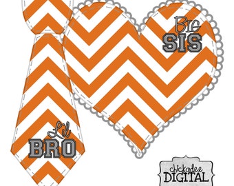 Printable Orange and Gray Big Sis and Lil Bro Chevron DIY Iron On Heart and Tie Decal, Printable Shirt Decals for Brother and Sister