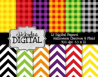 Halloween Digital Papers, Chevron Digital Backgrounds, Plaid Papers, Halloween Scrapbooking paper, Halloween Printable Paper Pack