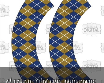 Instant Download Printable Cupcake Wrappers--Blue and Bronze Colors--Blue and Bronze Argyle, Wizard Party Decorations