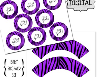 Purple and Black Zebra It's A Girl Cupcake Wrapper and Toppers Set, Baby Shower Cupcake Wrappers, Zebra Theme Party Cupcake Wrappers Toppers