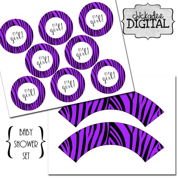 Purple and Black Zebra It's A Girl Cupcake Wrapper and Toppers Set, Baby Shower Cupcake Wrappers, Zebra Theme Party Cupcake Wrappers Toppers