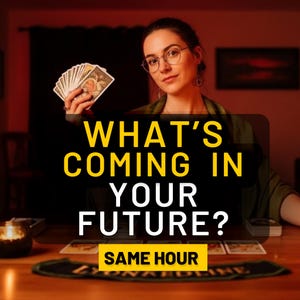 Op de afbeelding: Een vrouw met een bril houdt tarotkaarten vast. De tekst "WHAT'S COMING IN YOUR FUTURE?" staat in het geel, met "SAME HOUR" in een gele banner. De scène speelt zich af in een schemerige kamer met een houten tafel.