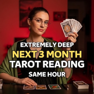 May include: A woman with glasses holds tarot cards, with text reading "EXTREMELY DEEP NEXT 3 MONTH TAROT READING SAME HOUR". Several tarot cards are on the table. The background is a dark red.