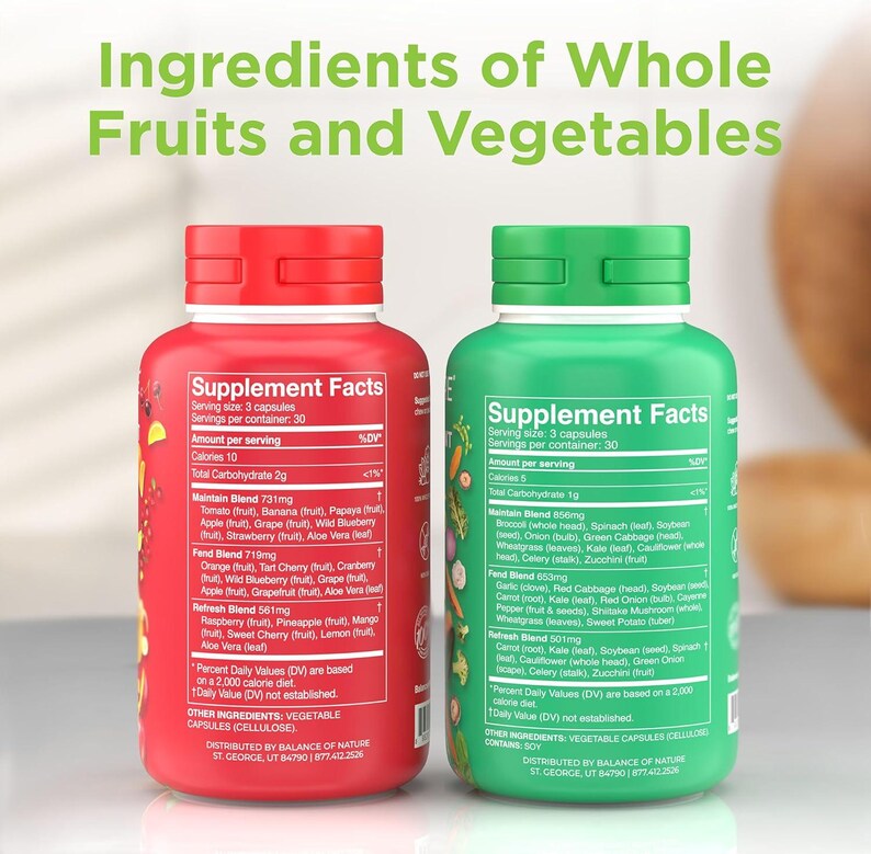 May include: Two supplement bottles, one red and one green, with white labels and green lids. The red bottle lists fruit ingredients, and the green bottle lists vegetable ingredients. The text "Ingredients of Whole Fruits and Vegetables" is at the top.