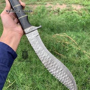 Custom Hand-Forged Damascus Steel Kukri Knife, Full Tang Kukri, Bushcraft Knife With Leather Sheath. Best Anniversary, Birthday Gift.